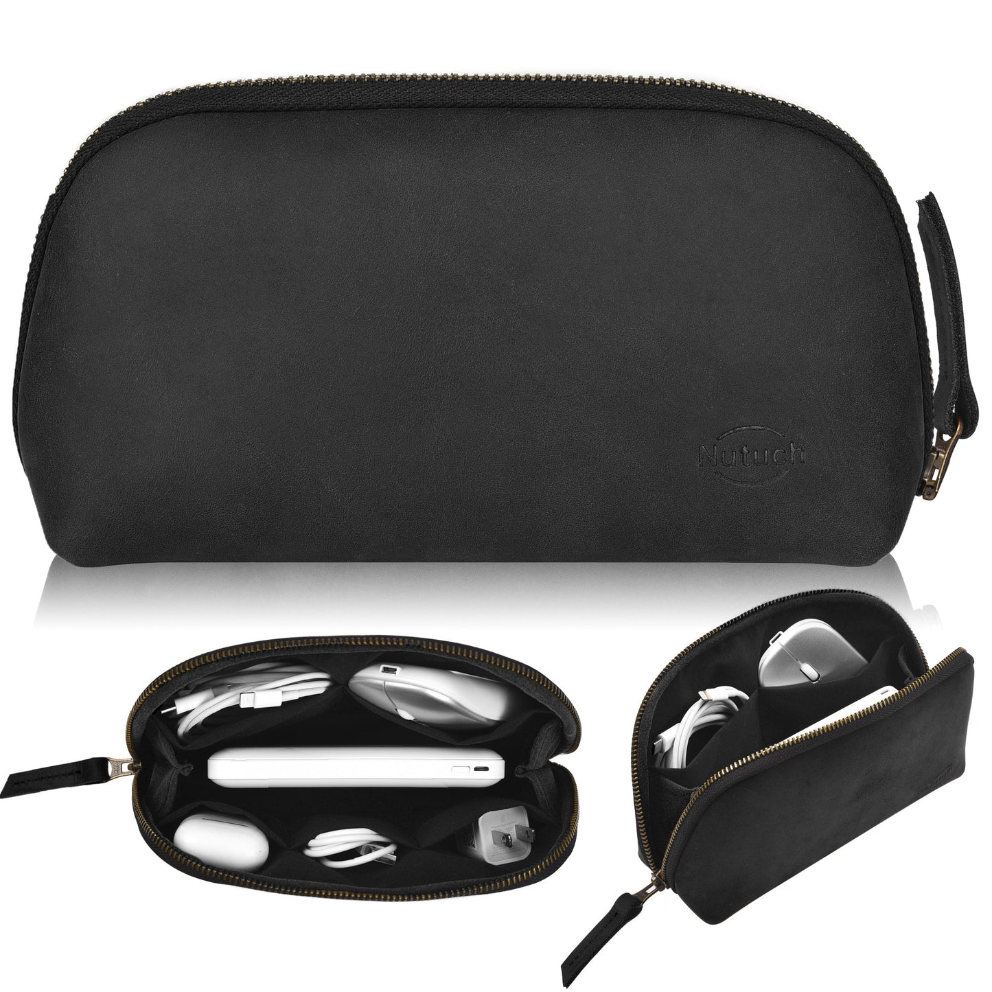 NUTUCH Black Leather Tech Pouch for Cables Chargers Phone | Tech Bag | Zipper Travel Accessory Pouch | Electric Organizer Case Travel Bag | Cord Cable Pouch | NT-701-T-BL
