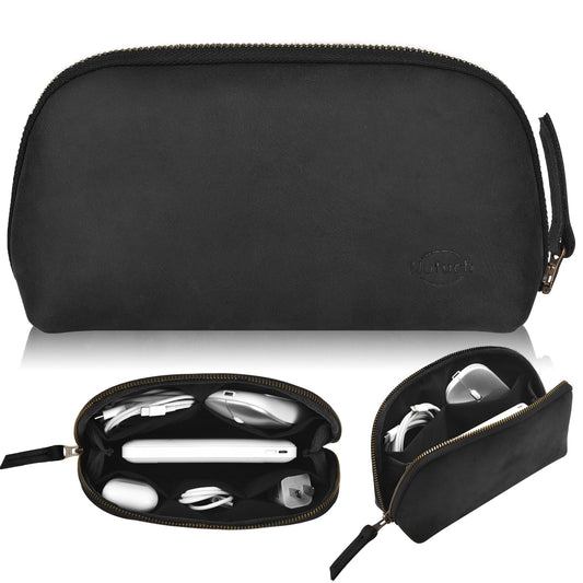 NUTUCH Black Leather Tech Pouch for Cables Chargers Phone | Tech Bag | Zipper Travel Accessory Pouch | Electric Organizer Case Travel Bag | Cord Cable Pouch | NT-701-T-BL