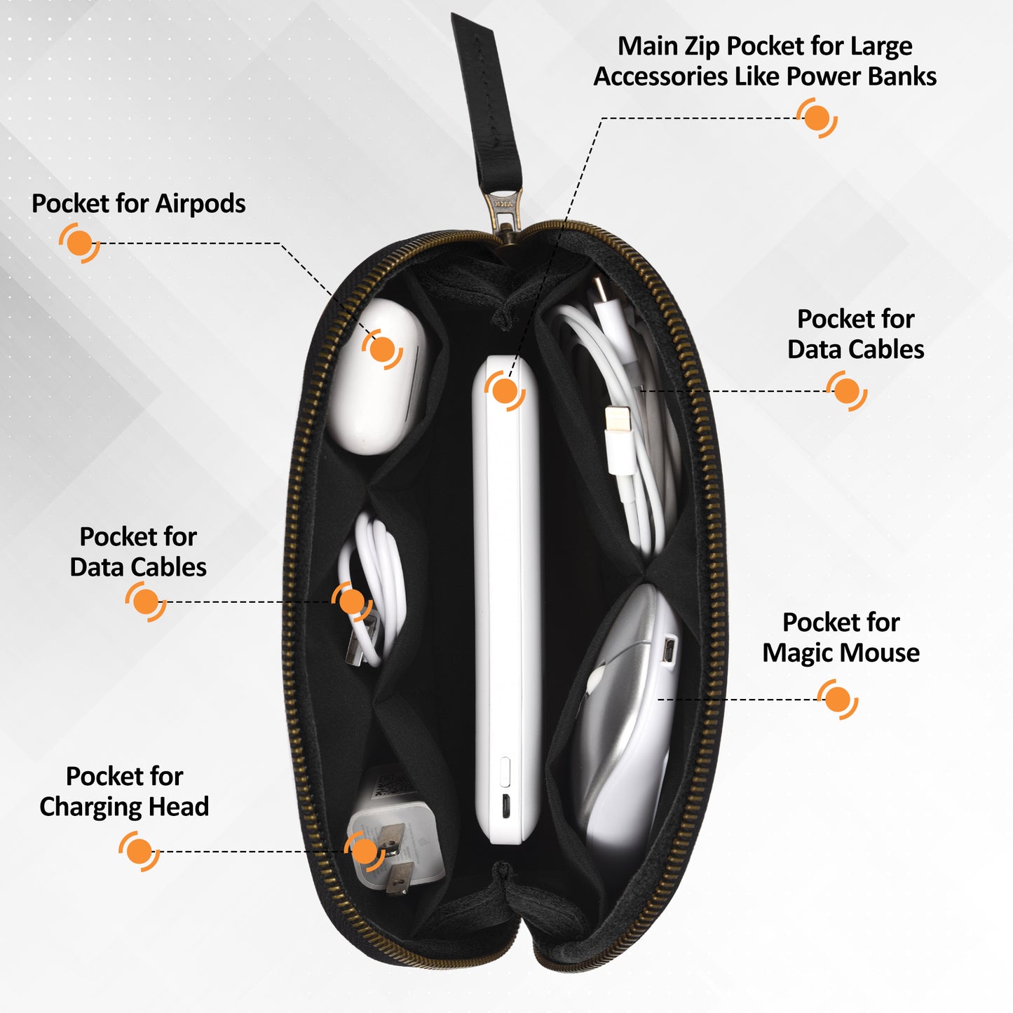 NUTUCH Black Leather Tech Pouch for Cables Chargers Phone | Tech Bag | Zipper Travel Accessory Pouch | Electric Organizer Case Travel Bag | Cord Cable Pouch | NT-701-T-BL