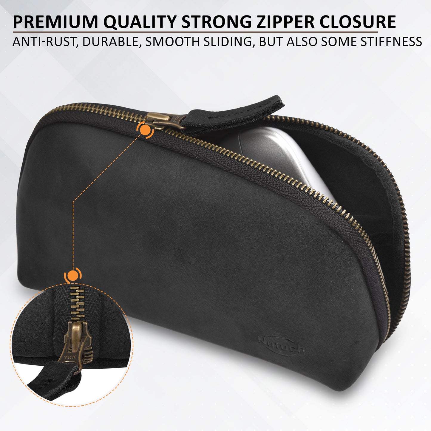 NUTUCH Black Leather Tech Pouch for Cables Chargers Phone | Tech Bag | Zipper Travel Accessory Pouch | Electric Organizer Case Travel Bag | Cord Cable Pouch | NT-701-T-BL