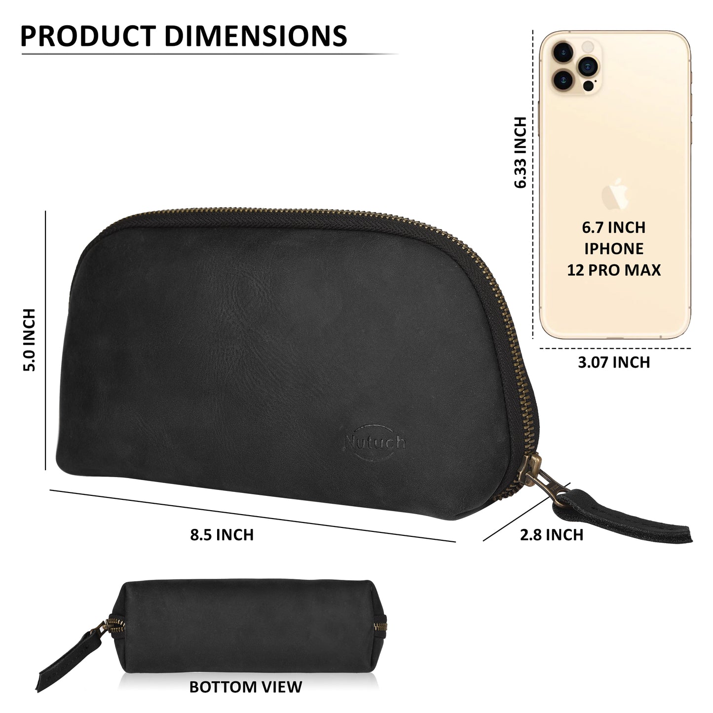 NUTUCH Black Leather Tech Pouch for Cables Chargers Phone | Tech Bag | Zipper Travel Accessory Pouch | Electric Organizer Case Travel Bag | Cord Cable Pouch | NT-701-T-BL