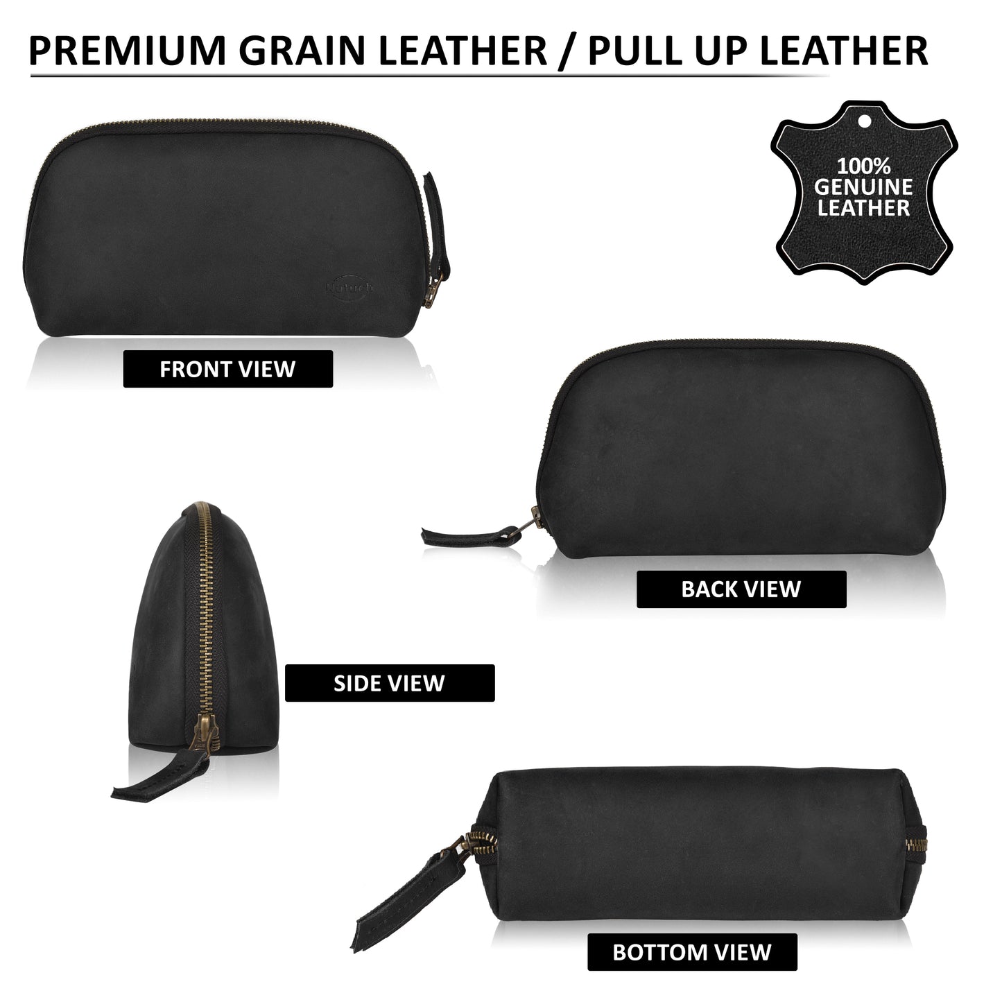 NUTUCH Black Leather Tech Pouch for Cables Chargers Phone | Tech Bag | Zipper Travel Accessory Pouch | Electric Organizer Case Travel Bag | Cord Cable Pouch | NT-701-T-BL