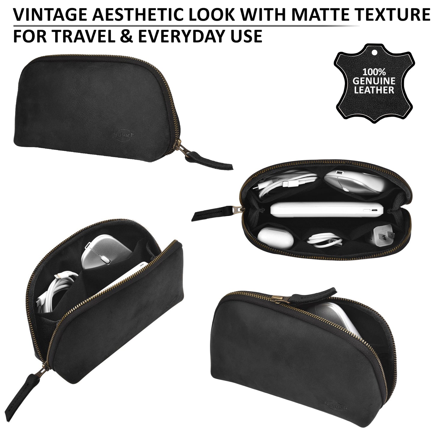 NUTUCH Black Leather Tech Pouch for Cables Chargers Phone | Tech Bag | Zipper Travel Accessory Pouch | Electric Organizer Case Travel Bag | Cord Cable Pouch | NT-701-T-BL