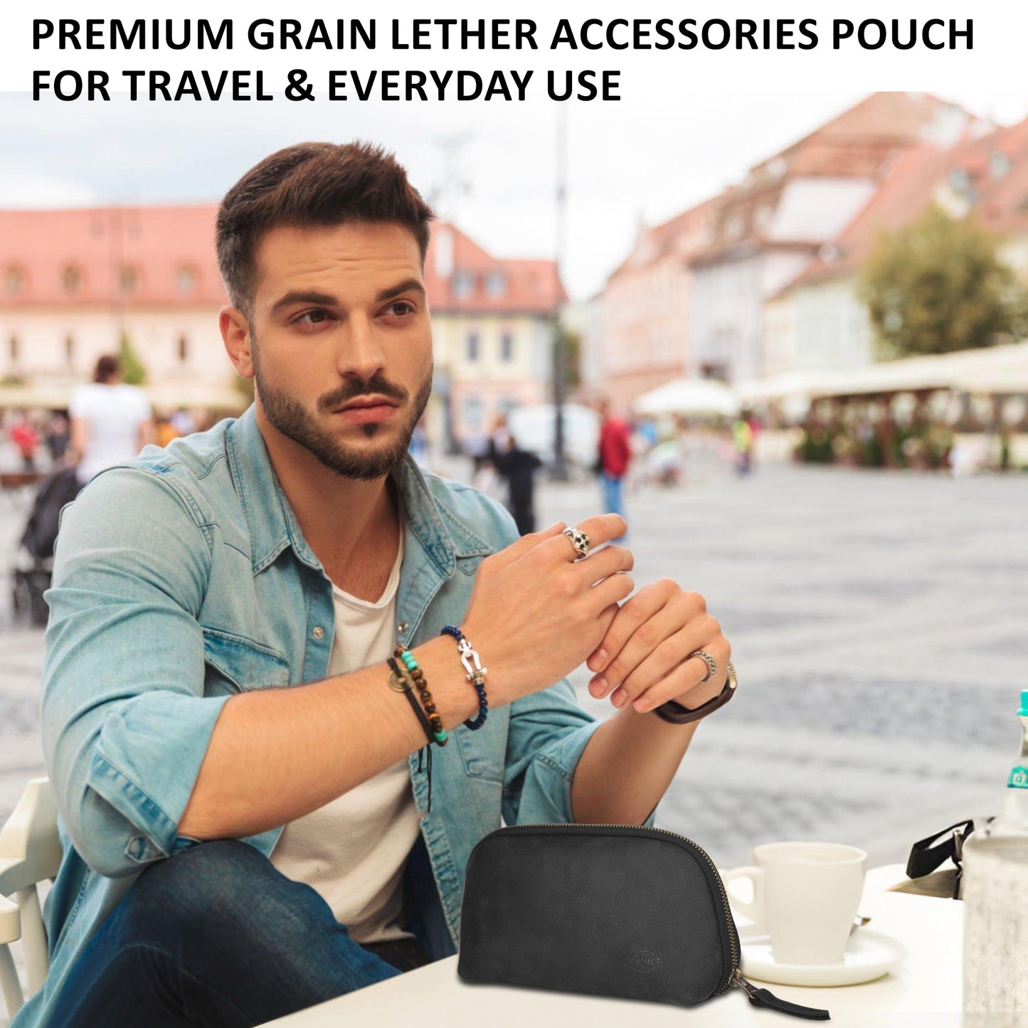 NUTUCH Black Leather Tech Pouch for Cables Chargers Phone | Tech Bag | Zipper Travel Accessory Pouch | Electric Organizer Case Travel Bag | Cord Cable Pouch | NT-701-T-BL