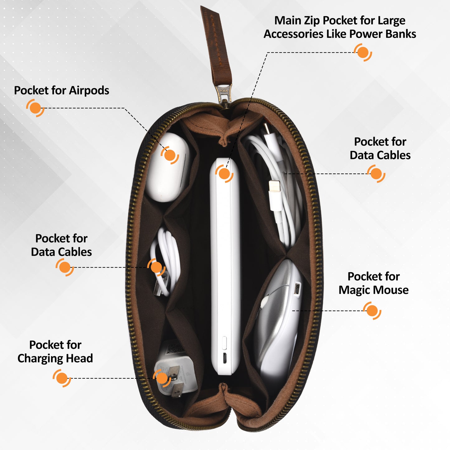 NUTUCH Brown Leather Tech Pouch for Cables Chargers Phone | Tech Bag | Zipper Travel Accessory Pouch | Electric Organizer Case Travel Bag | Cord Cable Pouch | NT-701-T