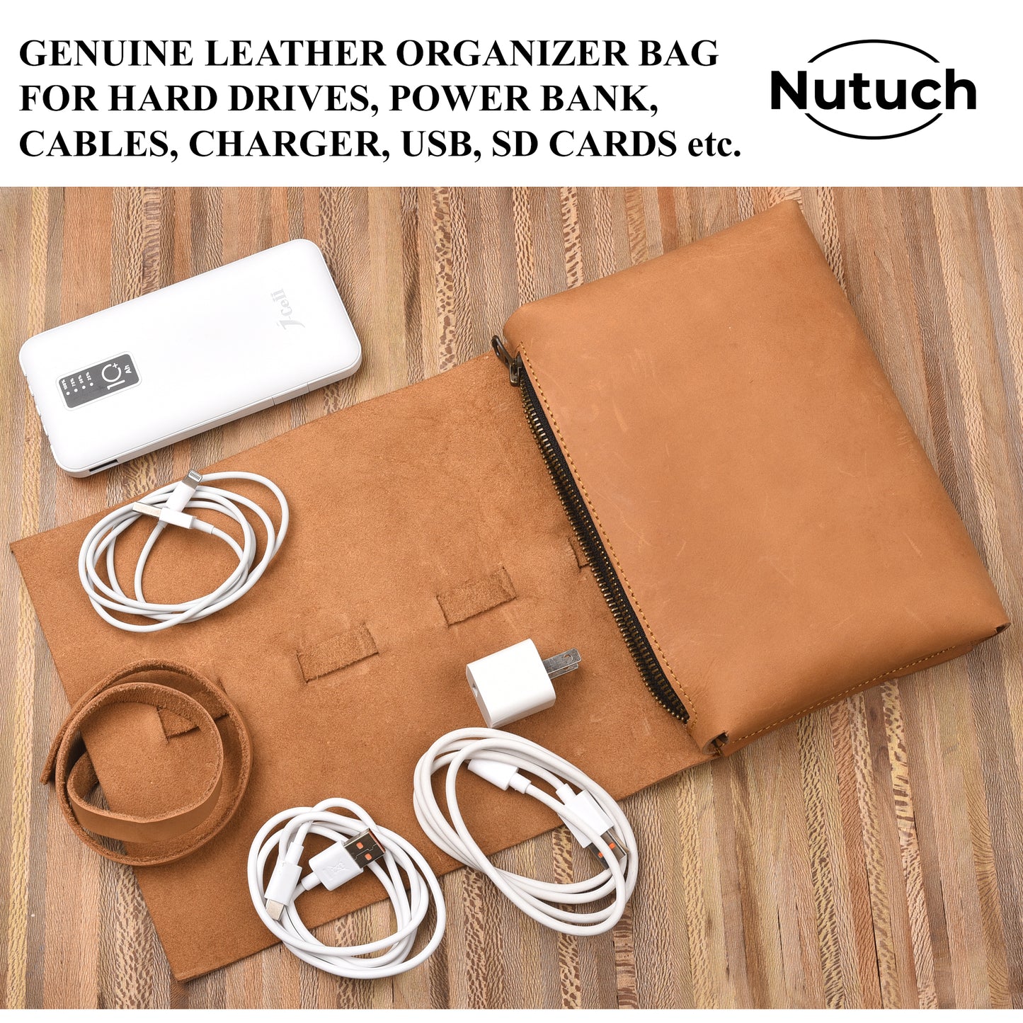 NUTUCH Leather Cable Cord Organizer Roll | Tech Bag | Zipper Travel Accessory Pouch | Electric Organizer Case Travel Bag | Cord Cable Pouch | NT-702-T