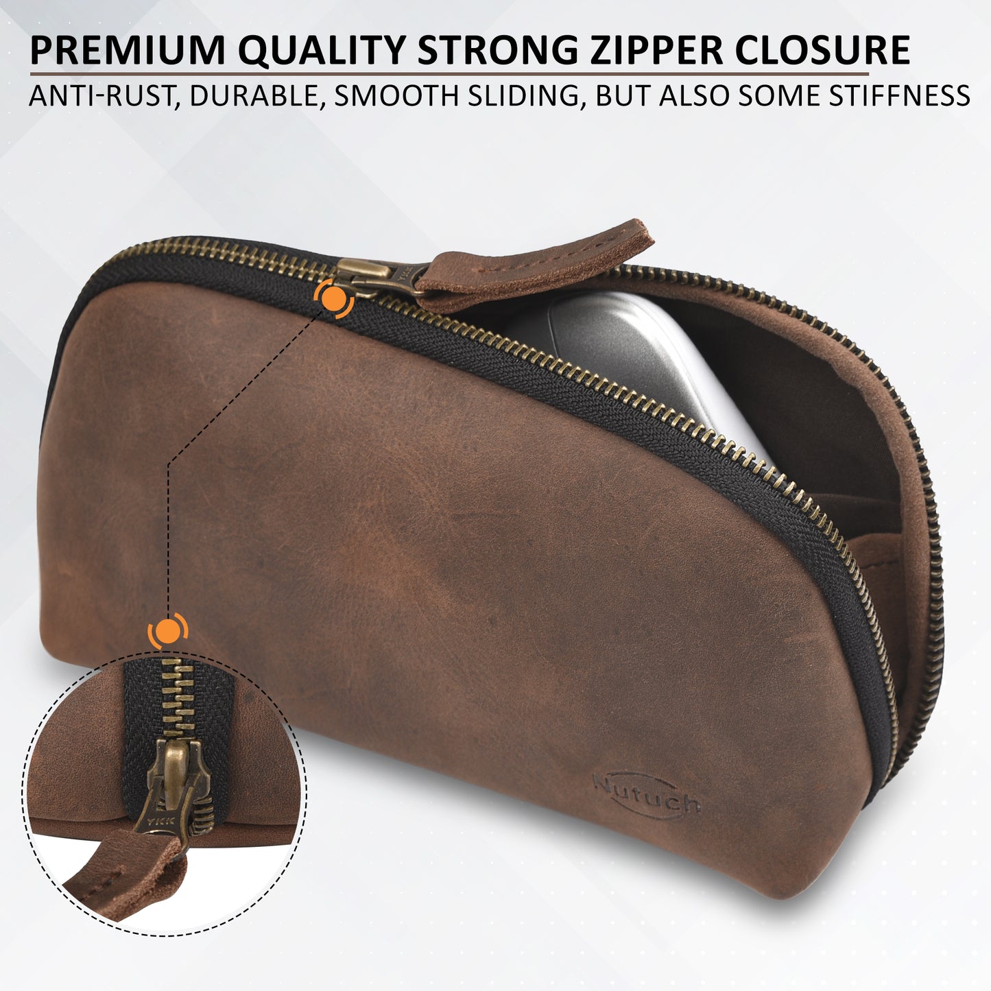 NUTUCH Brown Leather Tech Pouch for Cables Chargers Phone | Tech Bag | Zipper Travel Accessory Pouch | Electric Organizer Case Travel Bag | Cord Cable Pouch | NT-701-T
