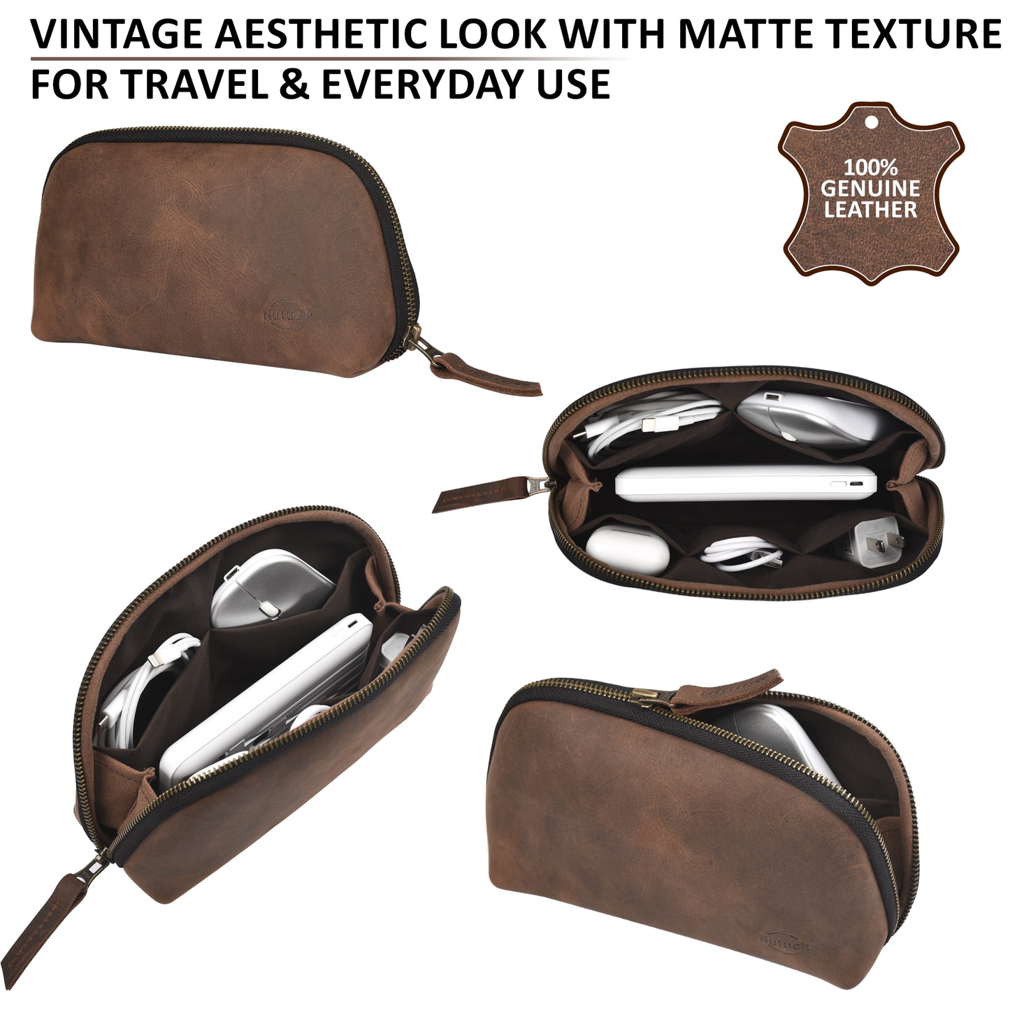 NUTUCH Brown Leather Tech Pouch for Cables Chargers Phone | Tech Bag | Zipper Travel Accessory Pouch | Electric Organizer Case Travel Bag | Cord Cable Pouch | NT-701-T