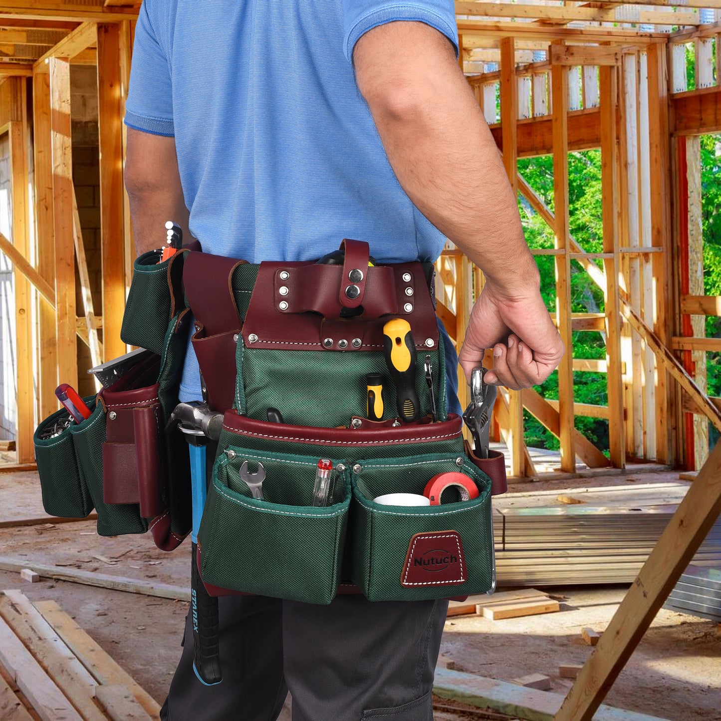 NUTUCH Green Heavy Duty Nylon and Leather Tool Belt | Framing Tool Bags | Nylon Tool Pouch | Carpenter Tool Belt | Electrician Tool Belts | NT-1110-R