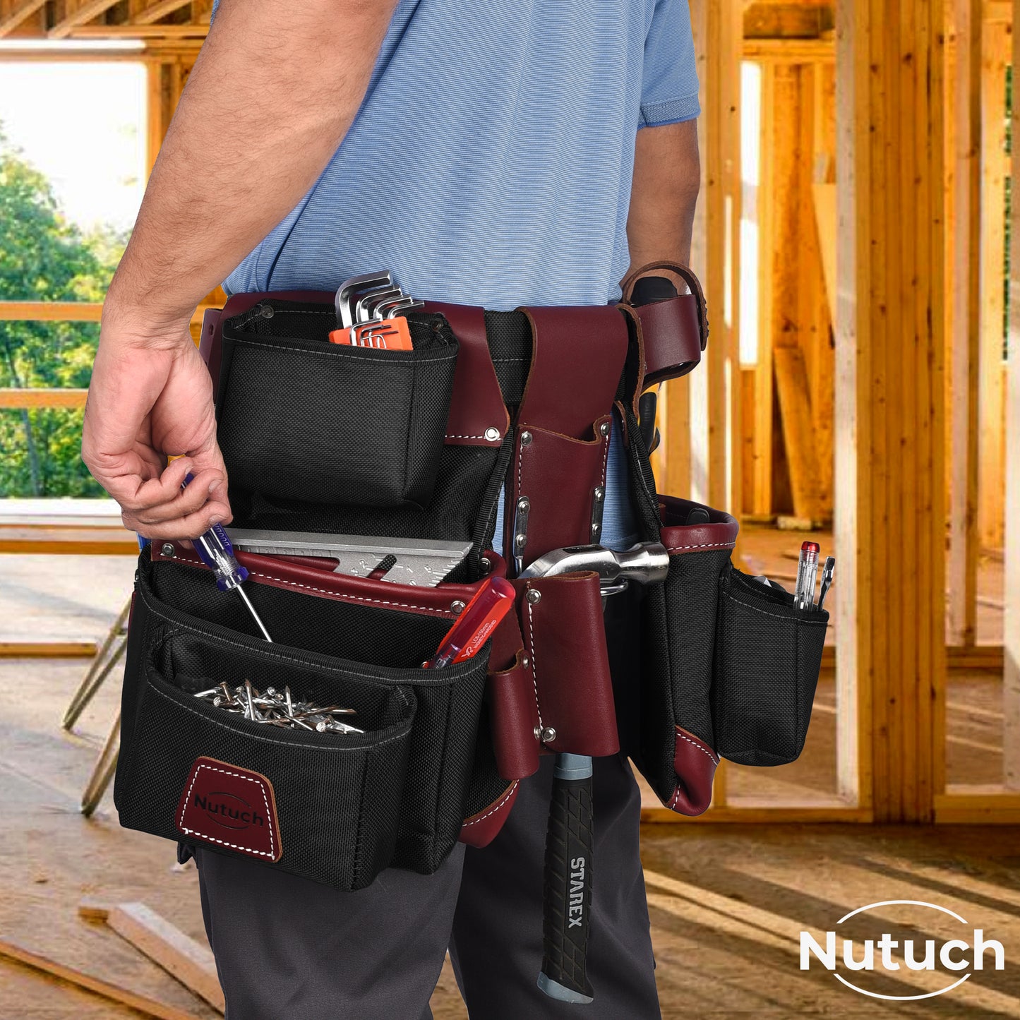 NUTUCH Black Nylon & Leather Tool Belt with Leather Work Suspender, Framers Tool Belt, Electrician, Construction, Drywall Tool Belt, NT-1100-R-1300-S