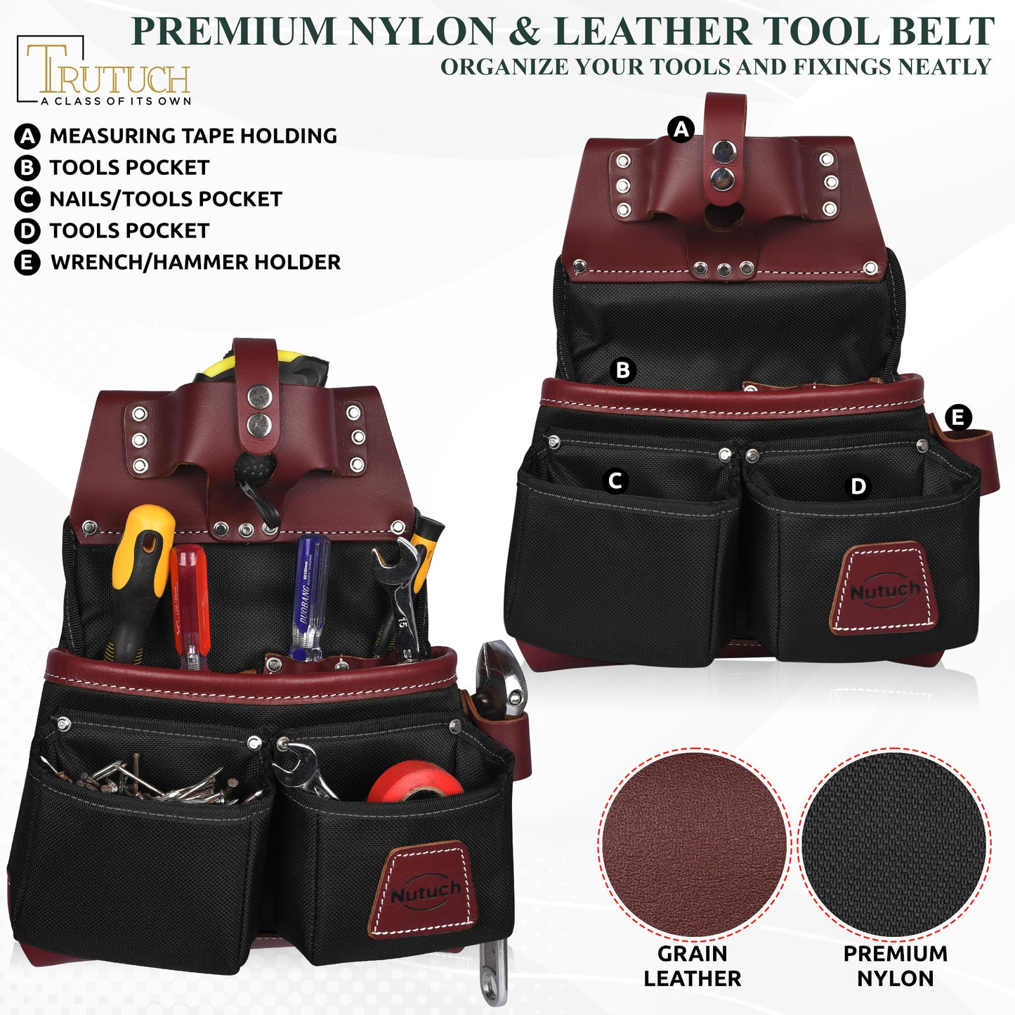 NUTUCH Black Nylon and Leather Tool Belt | Framing Tool Bags | Nylon Tool Pouch | Carpenter Tool Belt | Electrician Tool Belts | NT-1100-R
