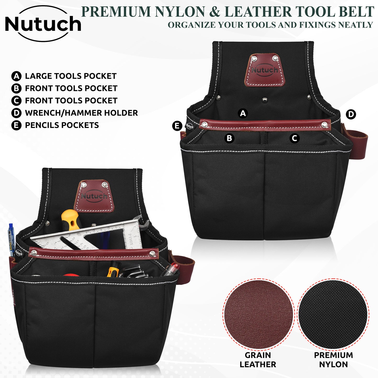 NUTUCH Black Heavy Duty Nylon and Leather Tool Belt | Framing Tool Bags | Nylon Tool Pouch | Carpenter Tool Belt | Electrician Tool Belts | NT-1200-R