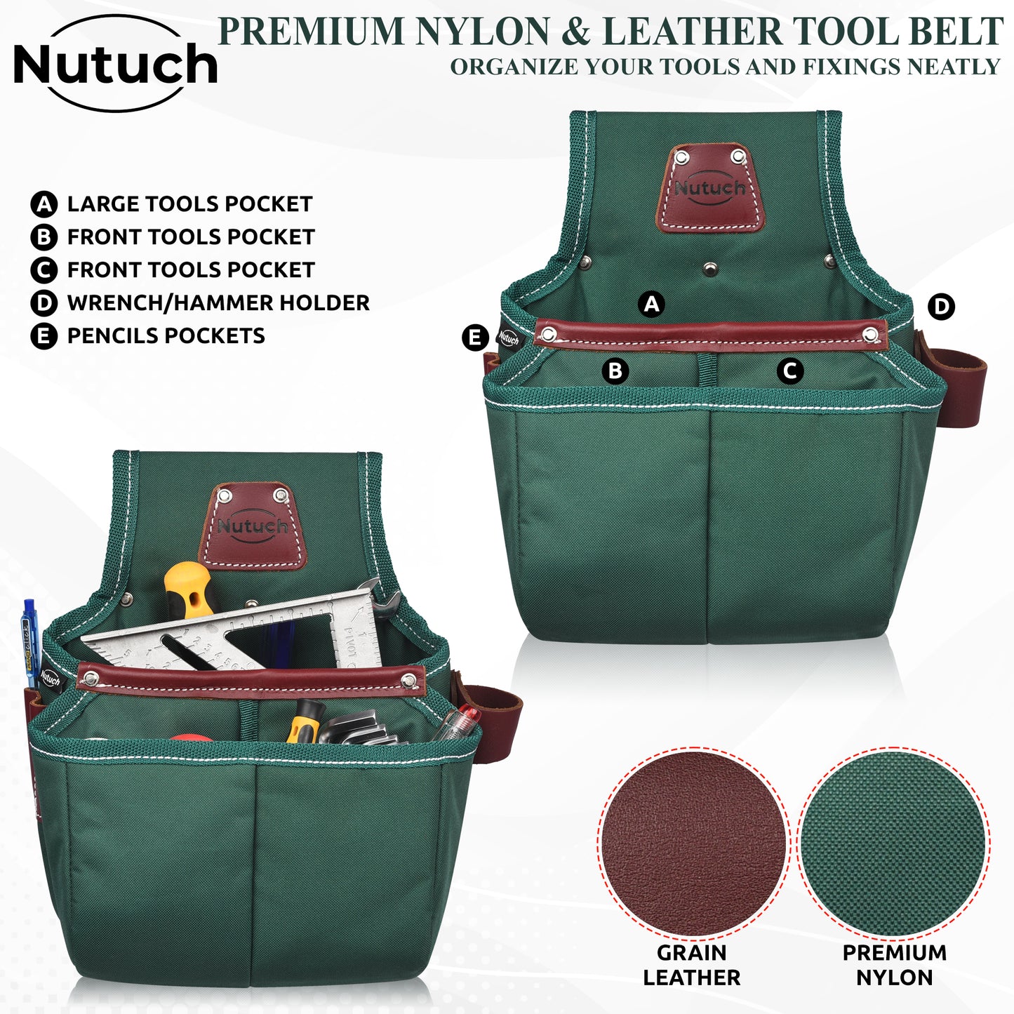 NUTUCH Green Nylon & Leather Tool Belt with Leather Work Suspender, Framers Tool Belt, Electrician, Construction, Drywall Tool Belt, NT-1210-R-1300-S