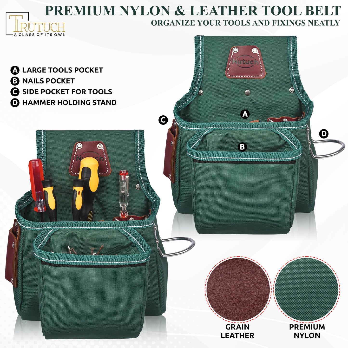 NUTUCH Green Heavy Duty Nylon and Leather Tool Belt | Framing Tool Bags | Nylon Tool Pouch | Carpenter Tool Belt | Electrician Tool Belts | NT-1210-R