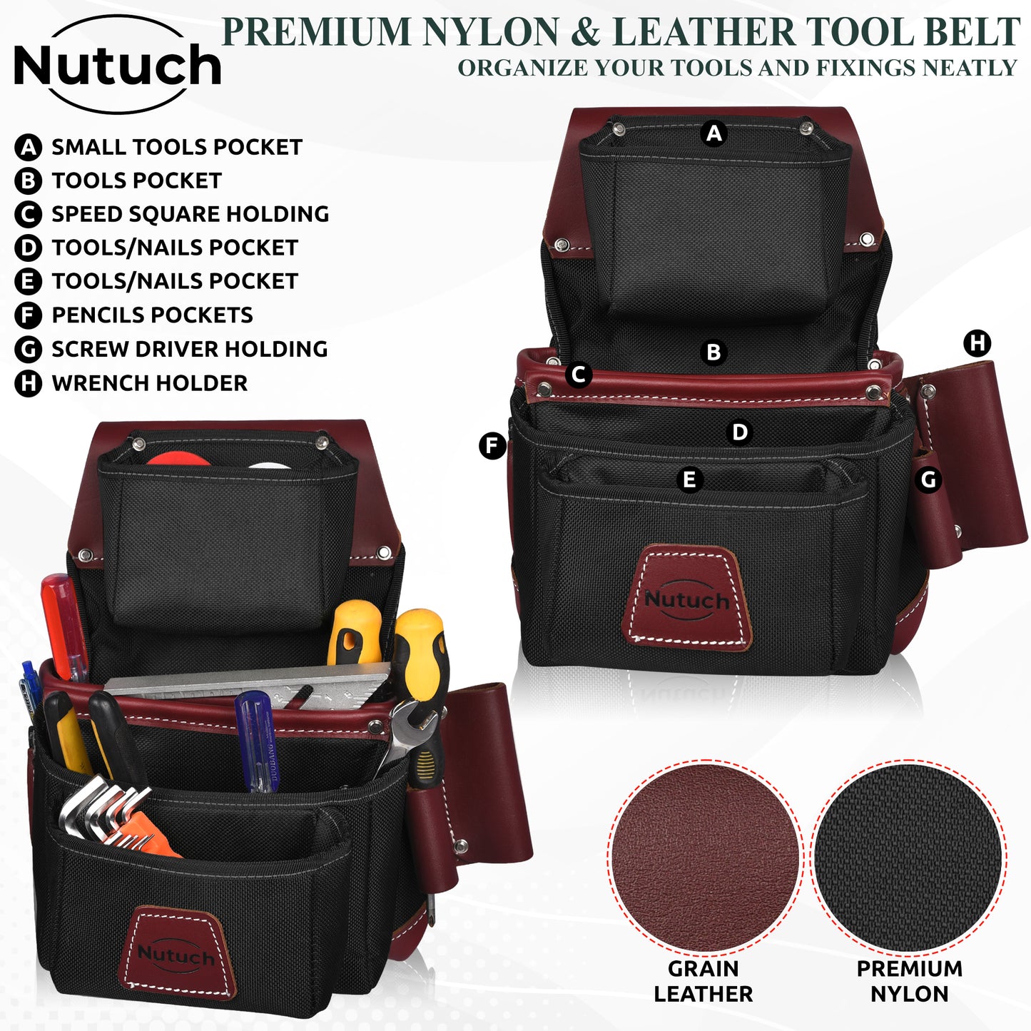 NUTUCH Black Nylon & Leather Tool Belt with Leather Work Suspender, Framers Tool Belt, Electrician, Construction, Drywall Tool Belt, NT-1100-R-1300-S