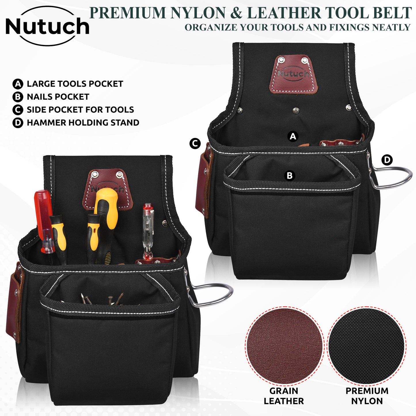 NUTUCH Black Heavy Duty Nylon and Leather Tool Belt | Framing Tool Bags | Nylon Tool Pouch | Carpenter Tool Belt | Electrician Tool Belts | NT-1200-R