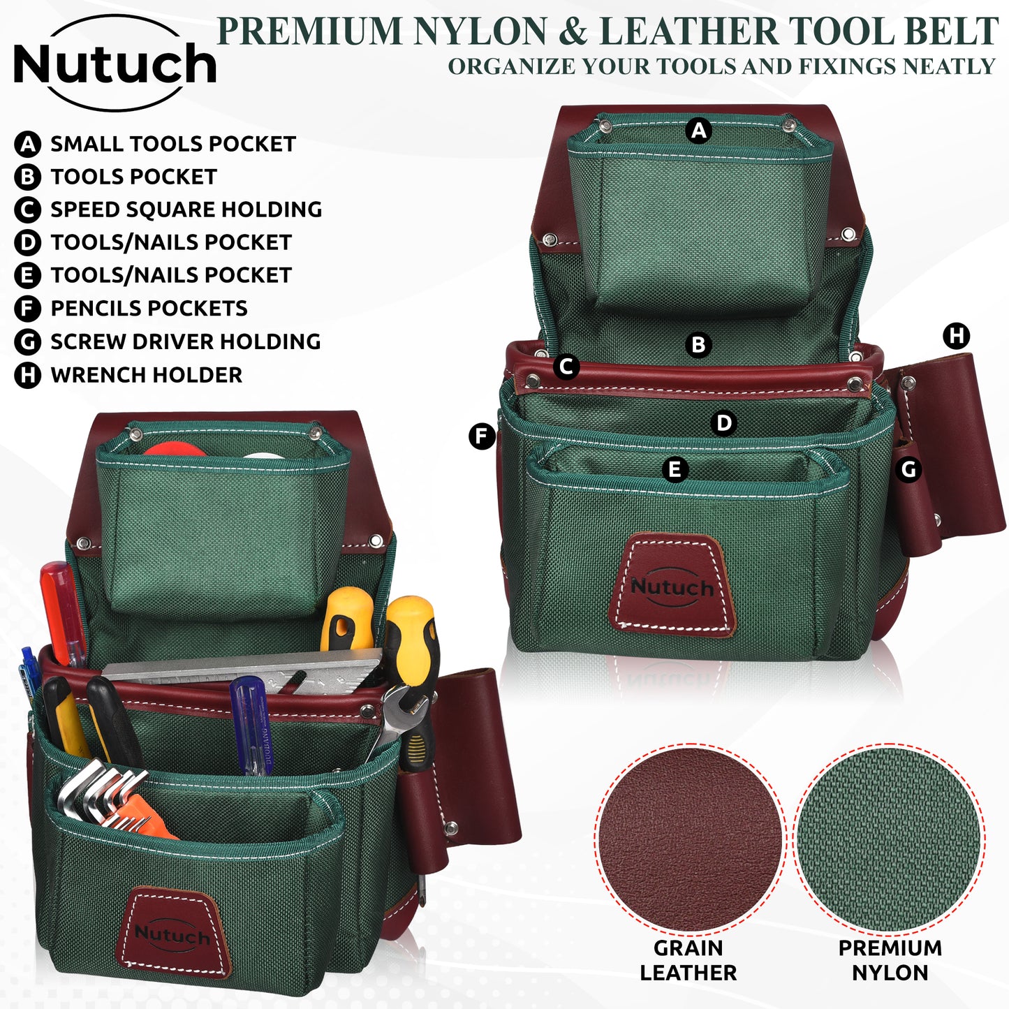 NUTUCH Green Heavy Duty Nylon and Leather Tool Belt | Framing Tool Bags | Nylon Tool Pouch | Carpenter Tool Belt | Electrician Tool Belts | NT-1110-R