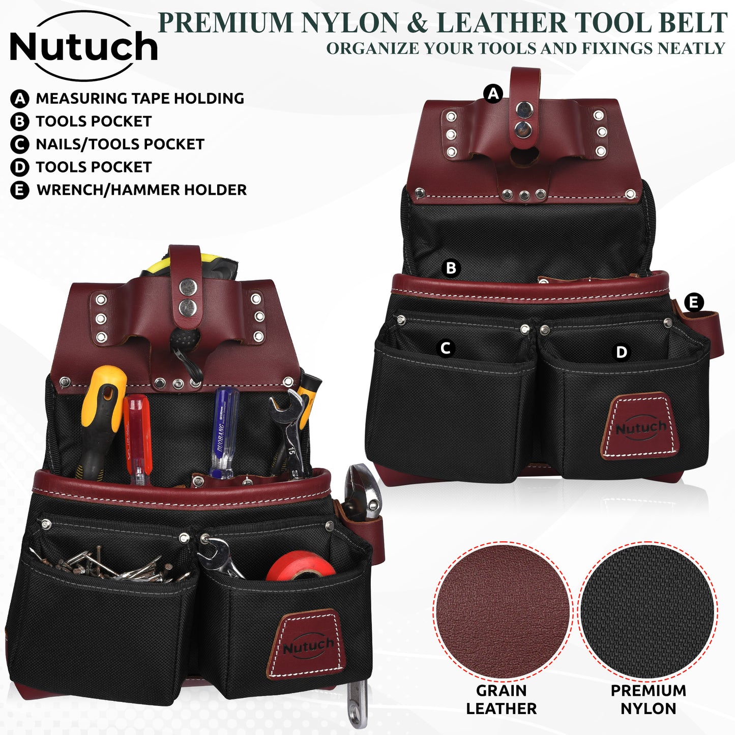 NUTUCH Black Nylon & Leather Tool Belt with Leather Work Suspender, Framers Tool Belt, Electrician, Construction, Drywall Tool Belt, NT-1100-R-1300-S