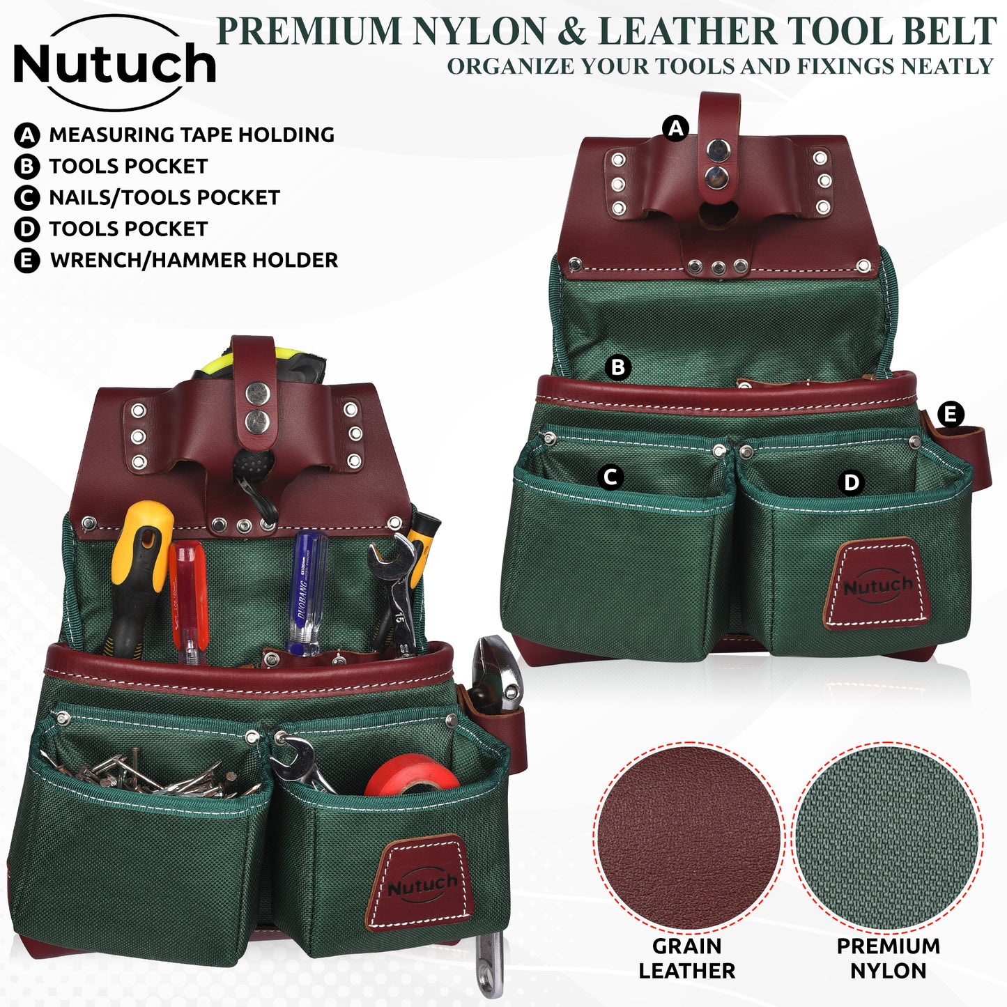 NUTUCH Green Heavy Duty Nylon and Leather Tool Belt | Framing Tool Bags | Nylon Tool Pouch | Carpenter Tool Belt | Electrician Tool Belts | NT-1110-R