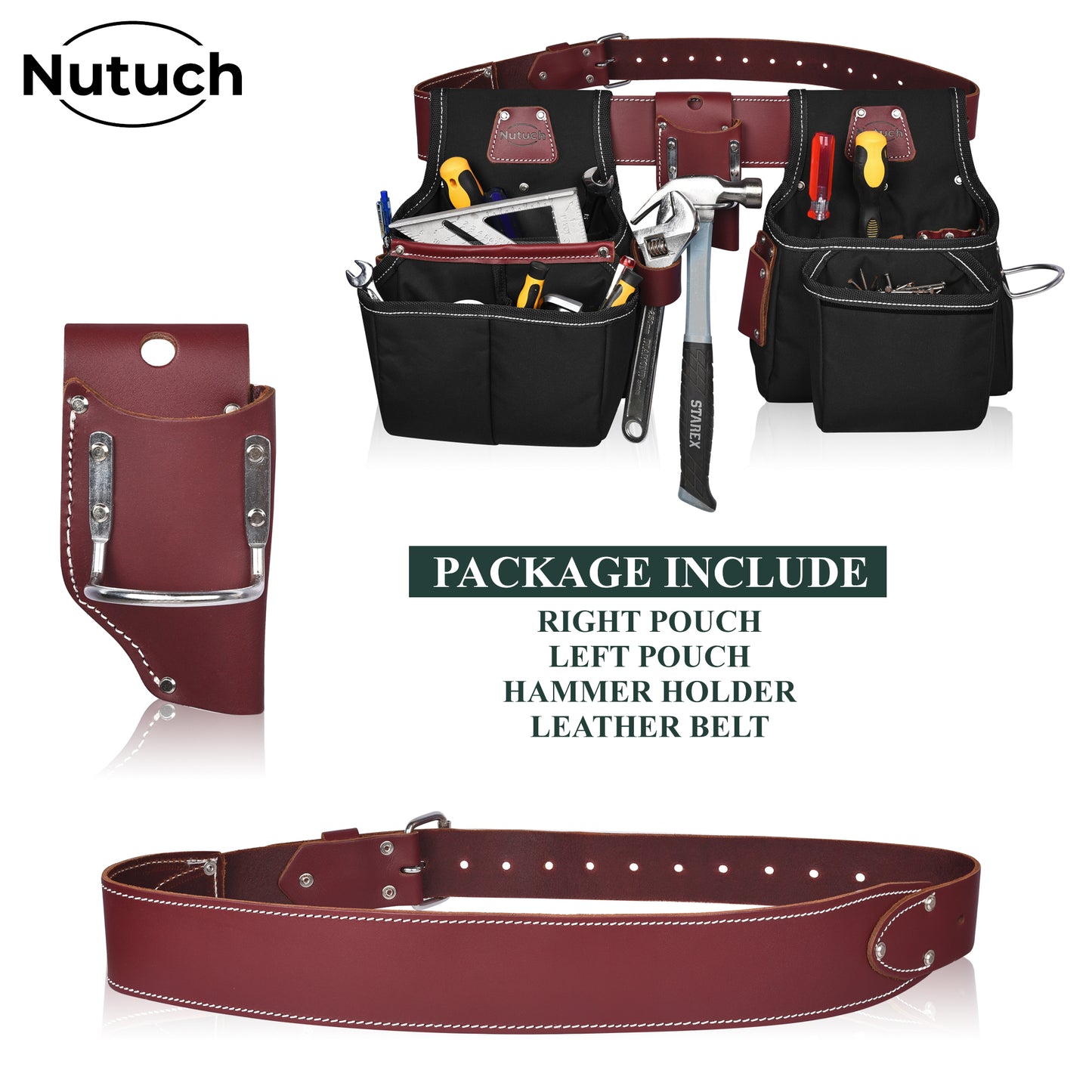 NUTUCH Black Heavy Duty Nylon and Leather Tool Belt | Framing Tool Bags | Nylon Tool Pouch | Carpenter Tool Belt | Electrician Tool Belts | NT-1200-R