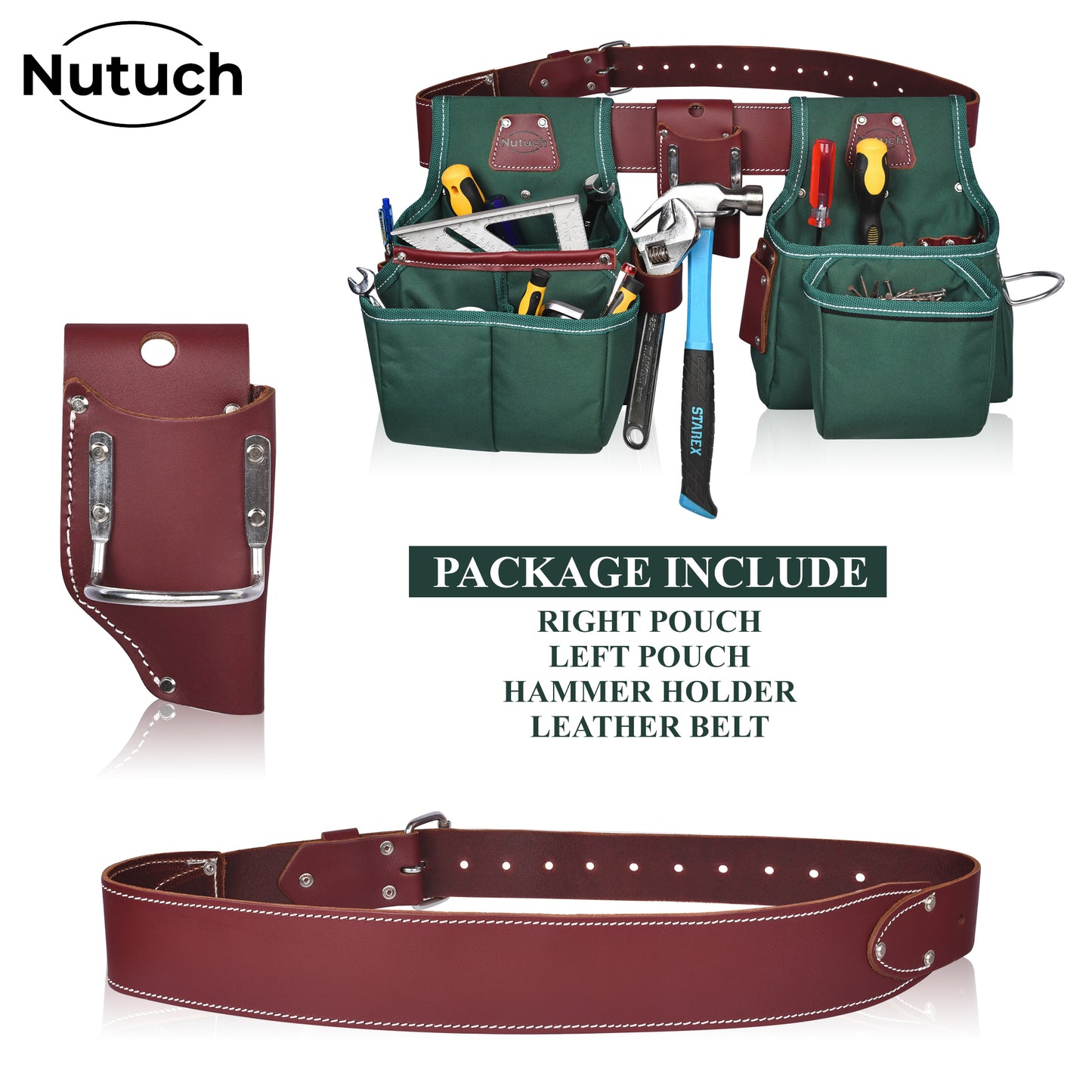 NUTUCH Green Heavy Duty Nylon and Leather Tool Belt | Framing Tool Bags | Nylon Tool Pouch | Carpenter Tool Belt | Electrician Tool Belts | NT-1210-R