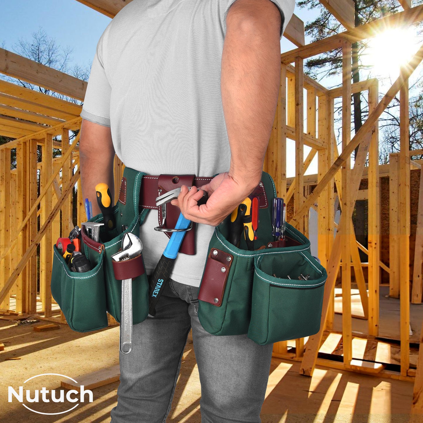 NUTUCH Green Nylon & Leather Tool Belt with Leather Work Suspender, Framers Tool Belt, Electrician, Construction, Drywall Tool Belt, NT-1210-R-1300-S