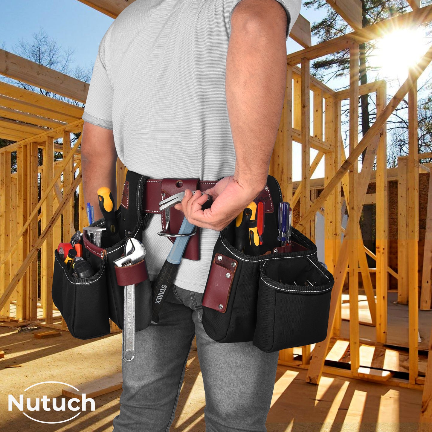 NUTUCH Black Heavy Duty Nylon and Leather Tool Belt | Framing Tool Bags | Nylon Tool Pouch | Carpenter Tool Belt | Electrician Tool Belts | NT-1200-R