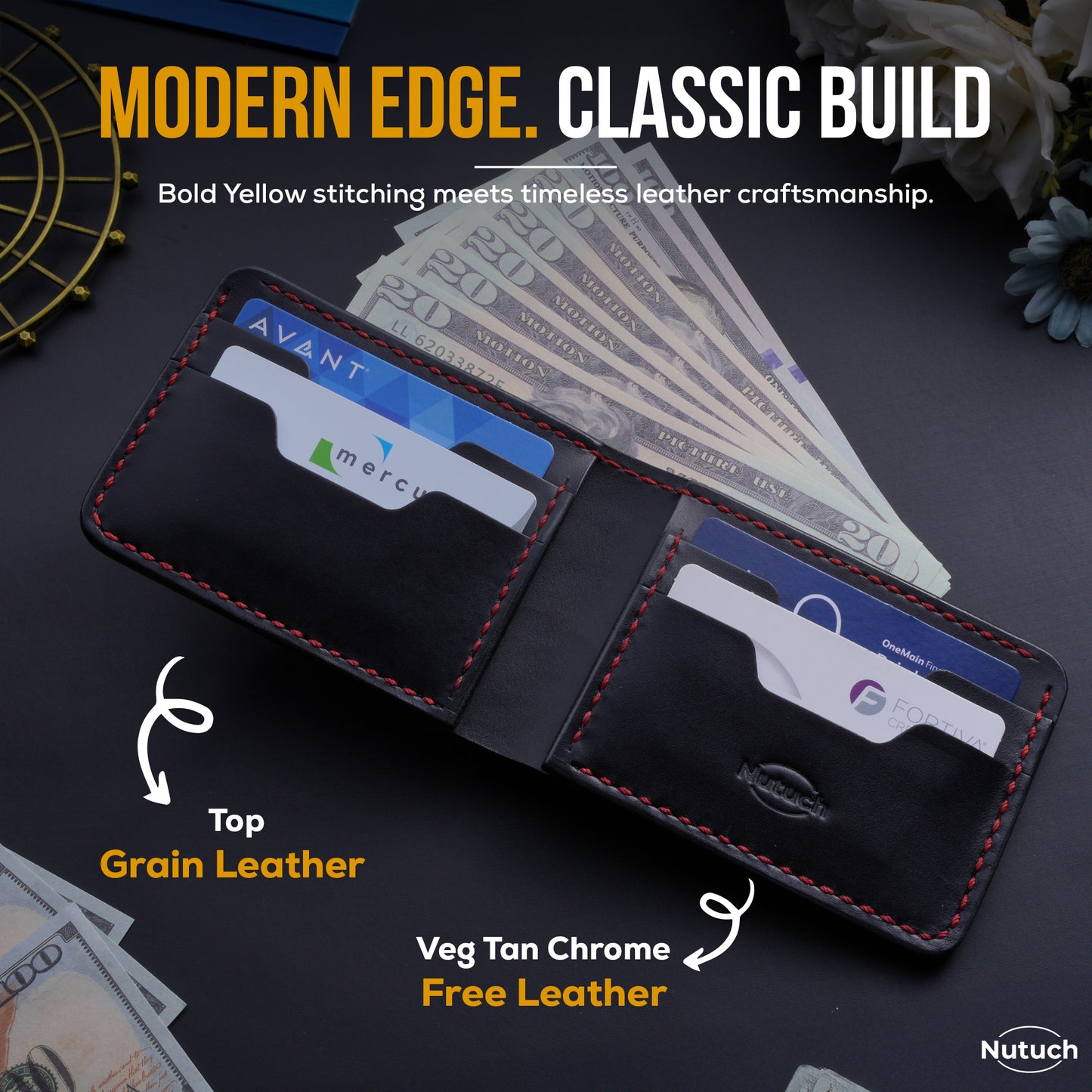 Top Grain Leather Wallet for Men | Handmade Bifold Wallet | Ultra Strong Stitching | Multiple Card Slots | Gift for Him | Groomsmen