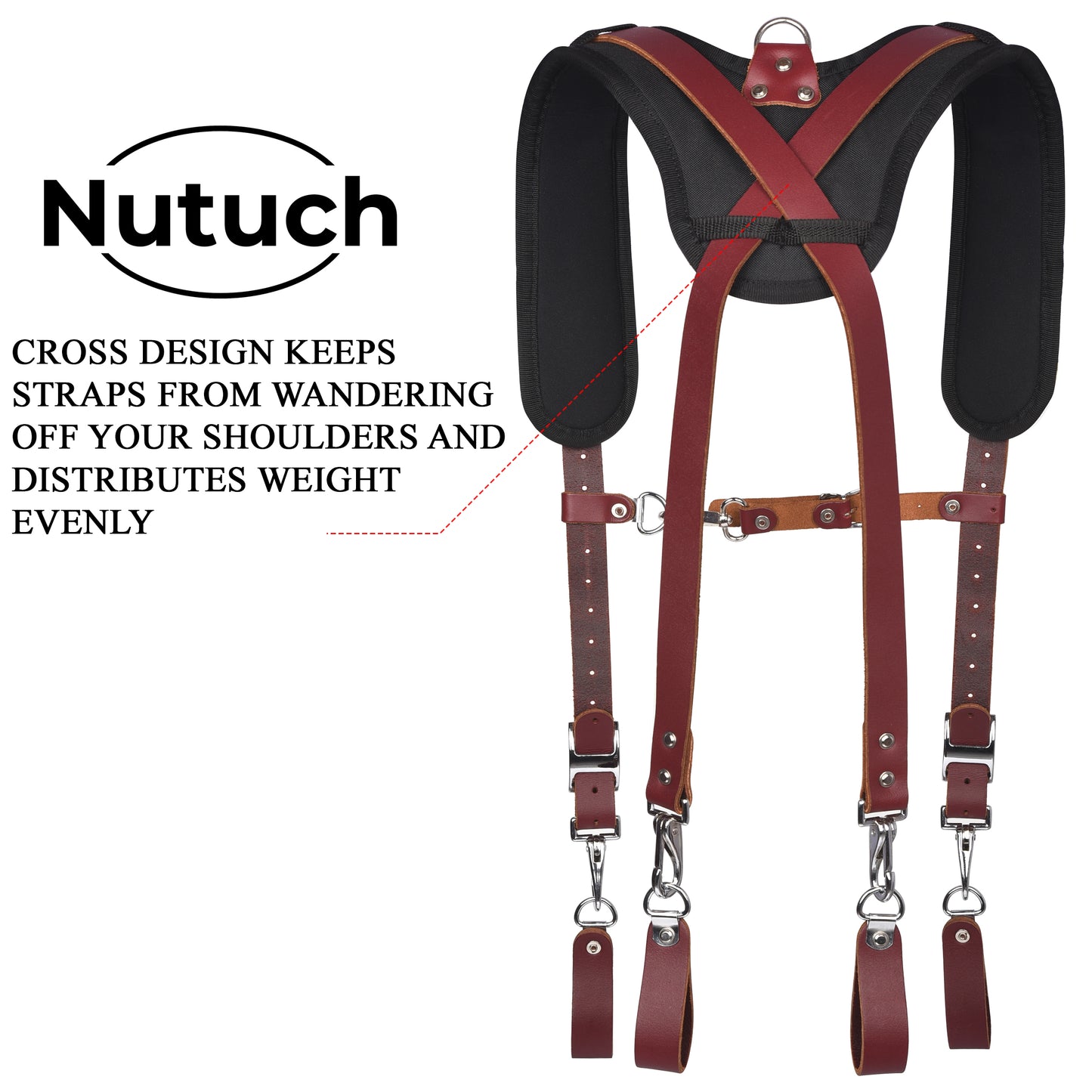 NUTUCH Heavy Duty Leather Work Suspender With Pockets, Fully-Adjustable Padded Leather Tool Belt Suspenders for Men, Construction, NT-1300-S