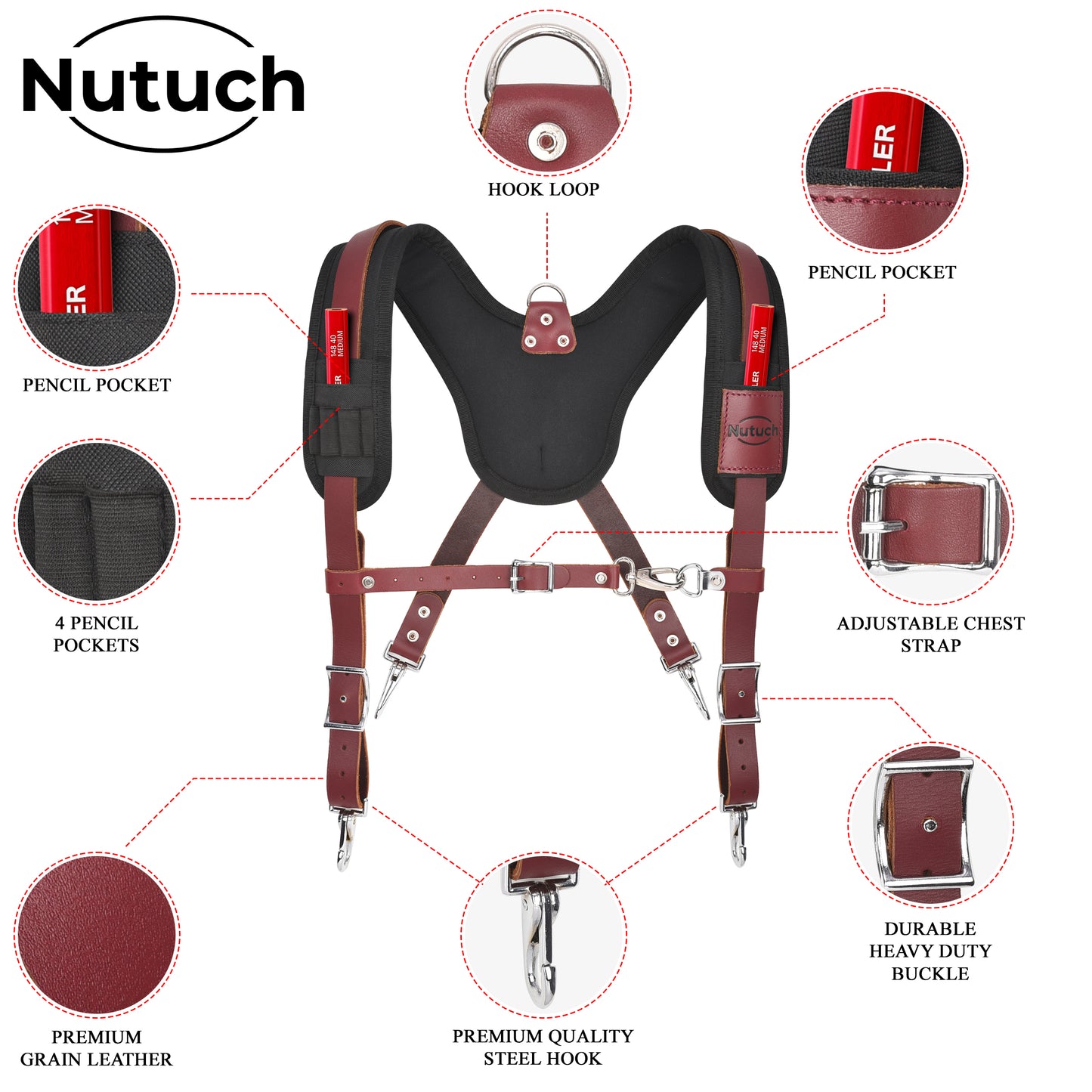 NUTUCH Heavy Duty Leather Work Suspender With Pockets, Fully-Adjustable Padded Leather Tool Belt Suspenders for Men, Construction, NT-1300-S