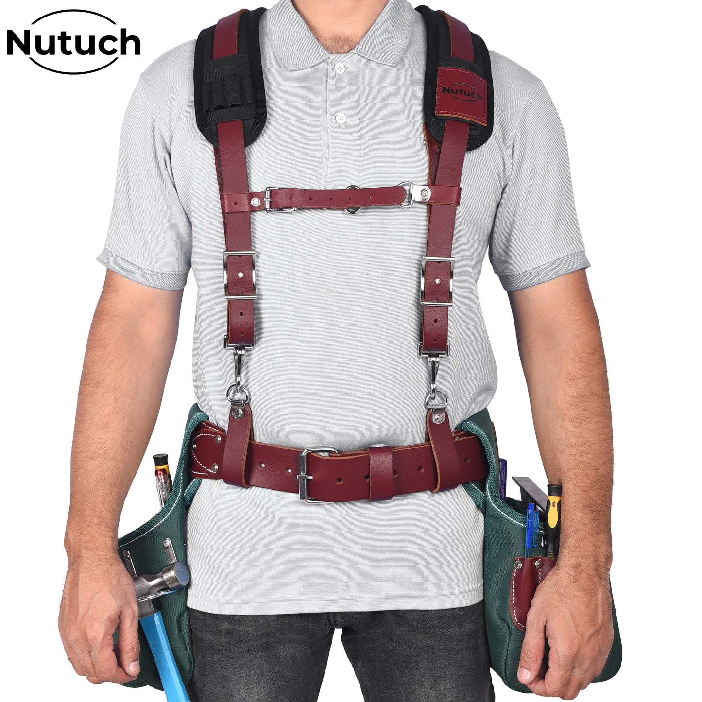 NUTUCH Heavy Duty Leather Work Suspender With Pockets, Fully-Adjustable Padded Leather Tool Belt Suspenders for Men, Construction, NT-1300-S