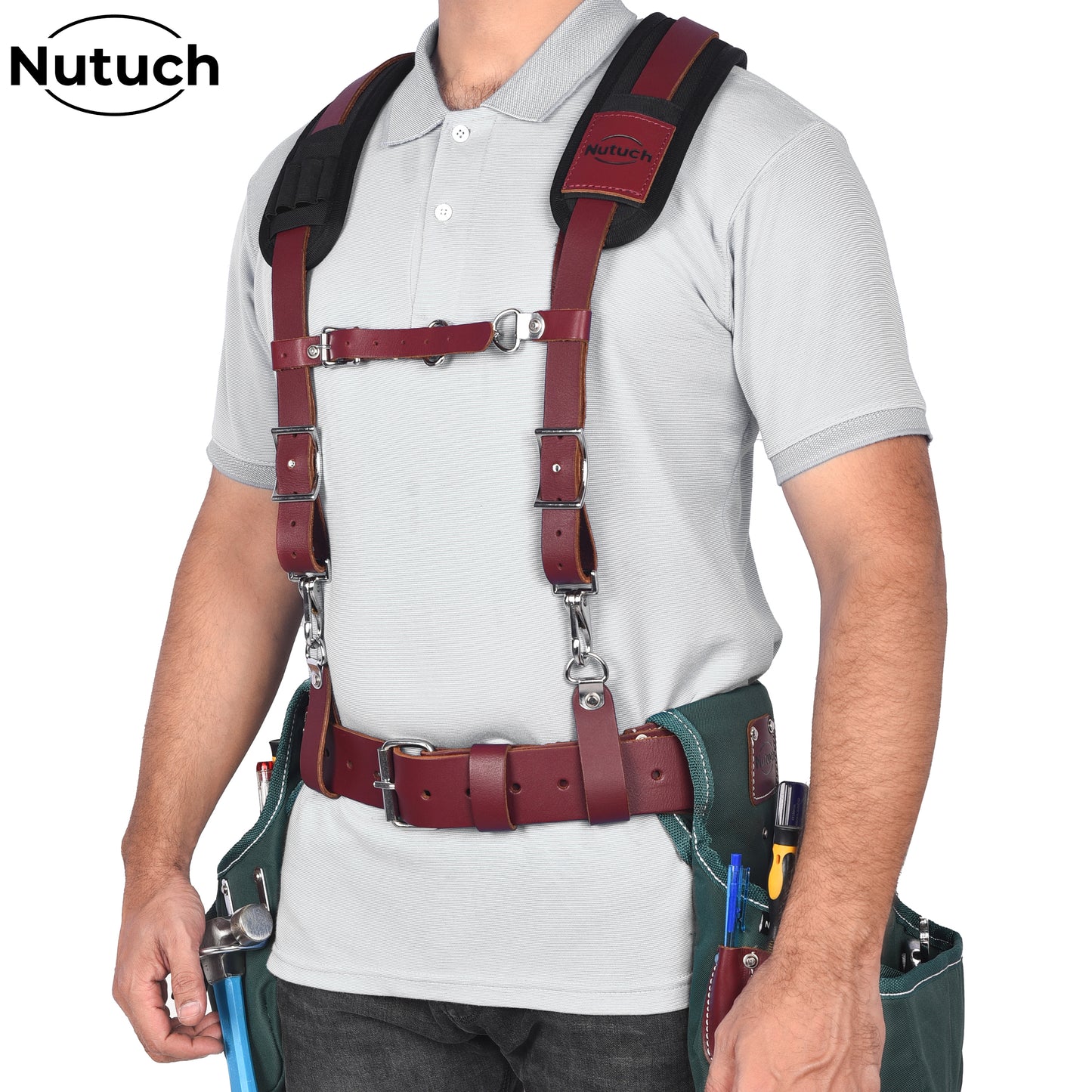 NUTUCH Heavy Duty Leather Work Suspender With Pockets, Fully-Adjustable Padded Leather Tool Belt Suspenders for Men, Construction, NT-1300-S