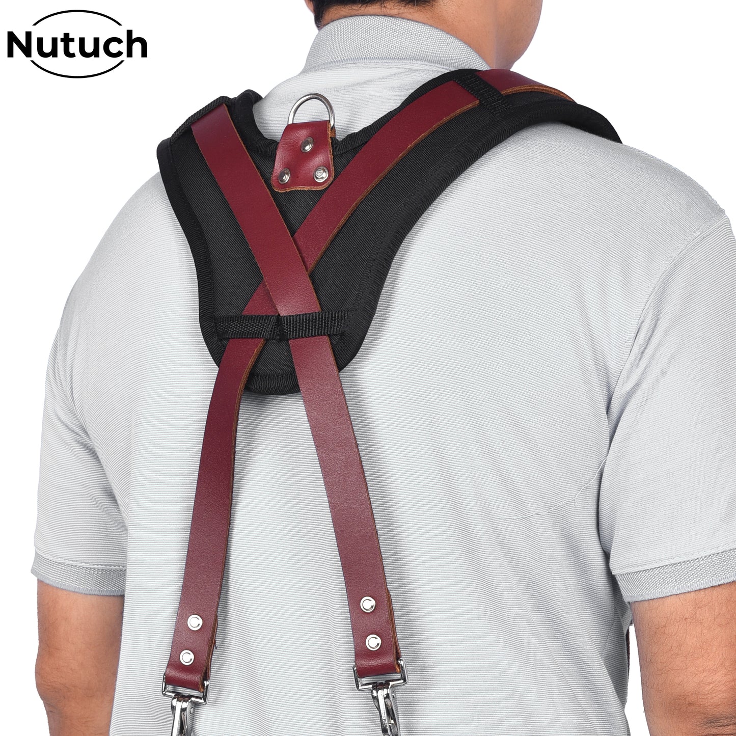 NUTUCH Heavy Duty Leather Work Suspender With Pockets, Fully-Adjustable Padded Leather Tool Belt Suspenders for Men, Construction, NT-1300-S