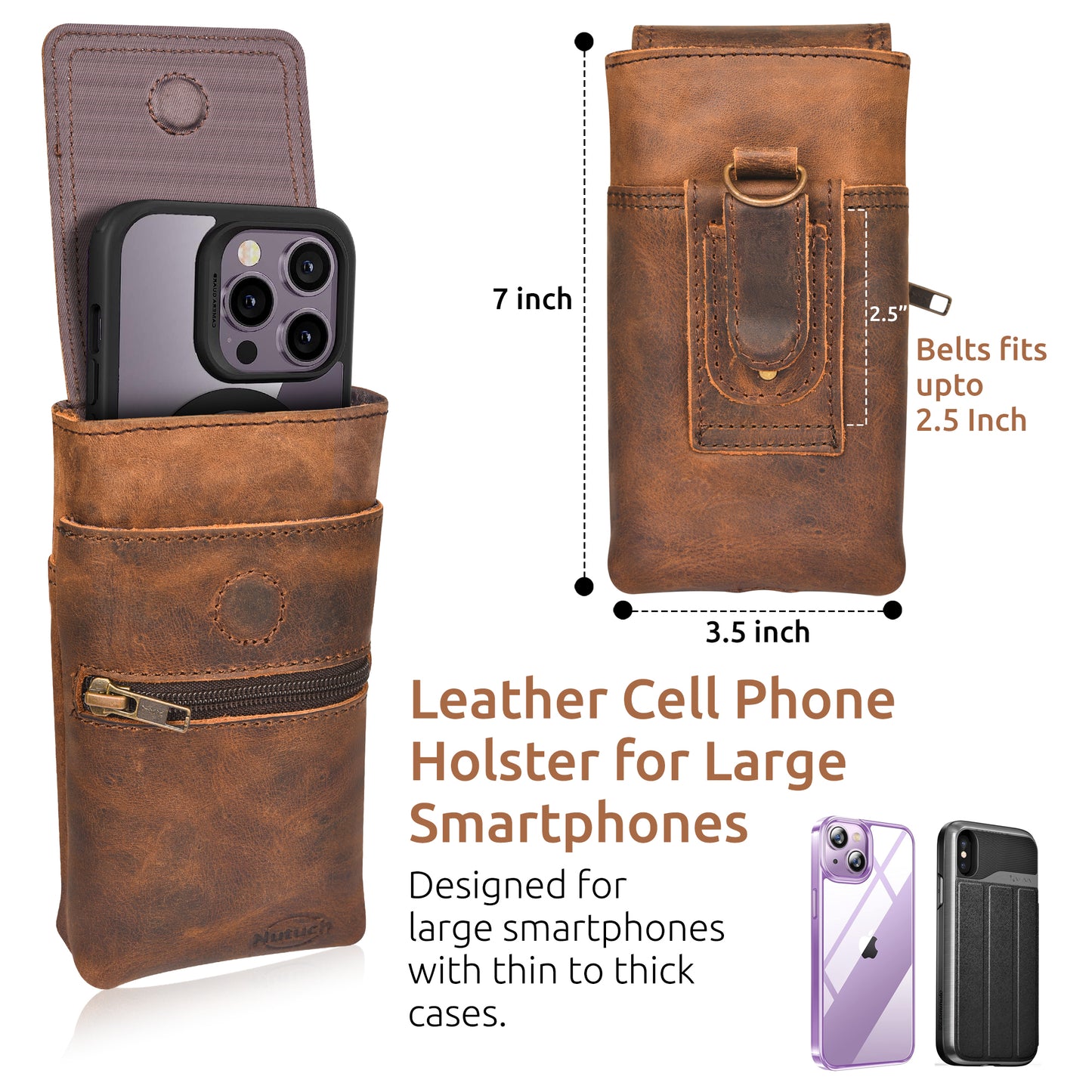 NUTUCH Genuine Leather Phone Holster with Belt Clip | Cell Phone Case for iPhone and Smartphone | Cell Phone Holsters Holders | NT-502-CP-Z