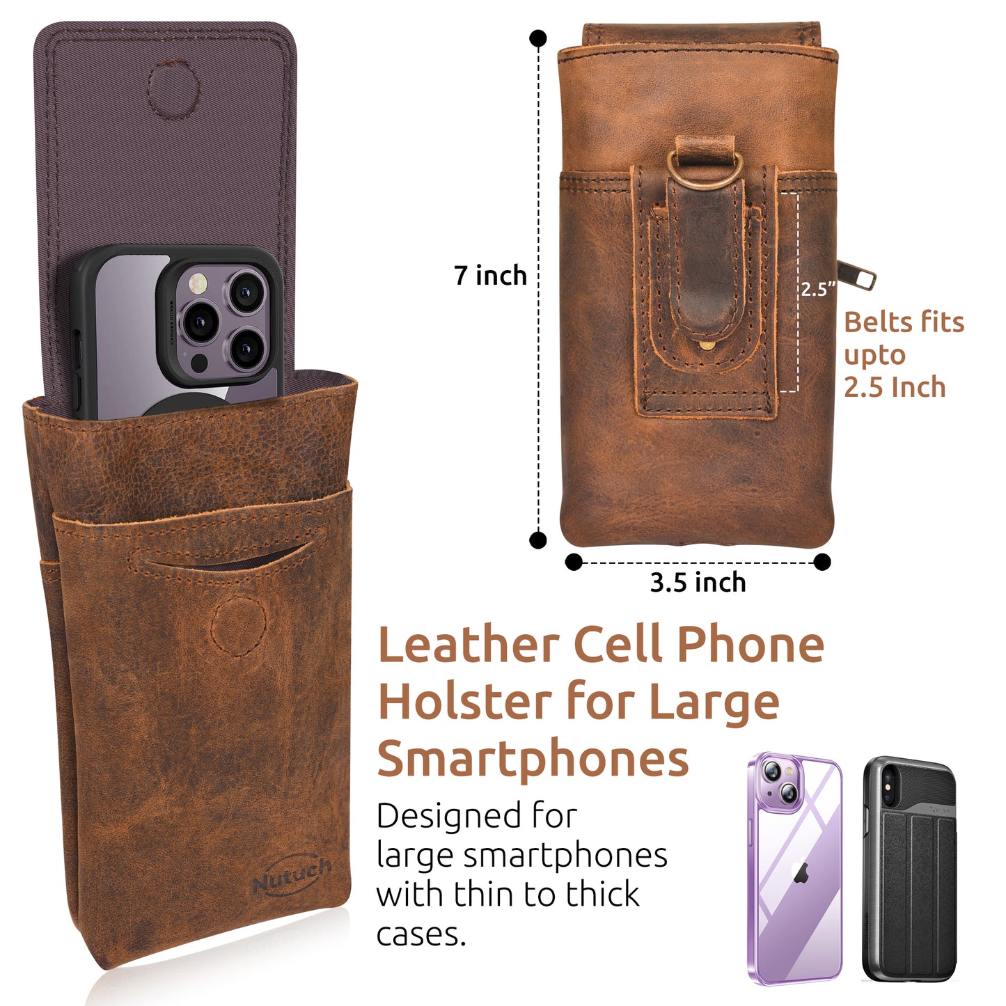 NUTUCH Genuine Leather Phone Holster with Belt Clip | Cell Phone Case for iPhone and Smartphone | Cell Phone Holsters Holders | NT-502-CP