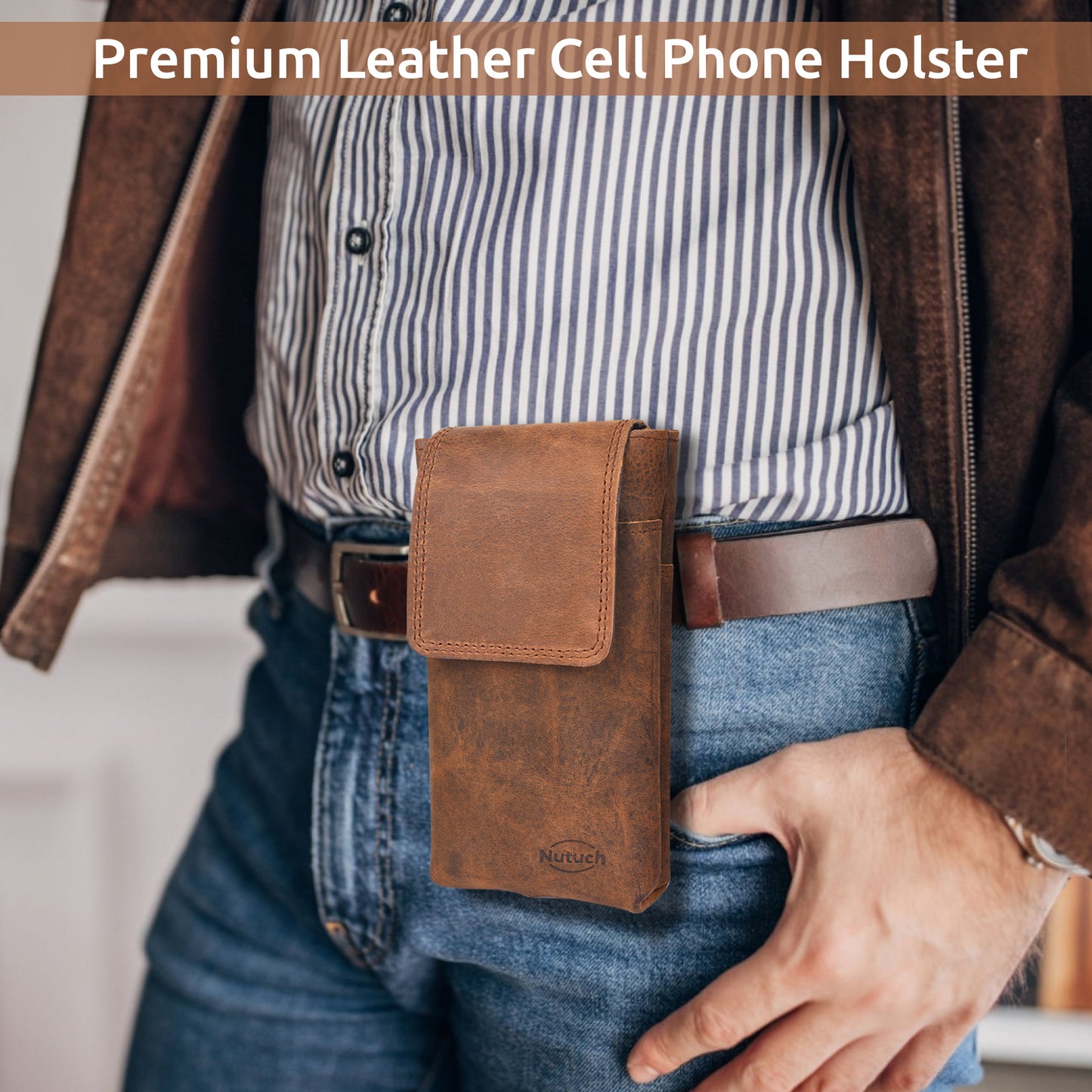 NUTUCH Genuine Leather Phone Holster with Belt Clip | Cell Phone Case for iPhone and Smartphone | Cell Phone Holsters Holders | NT-502-CP