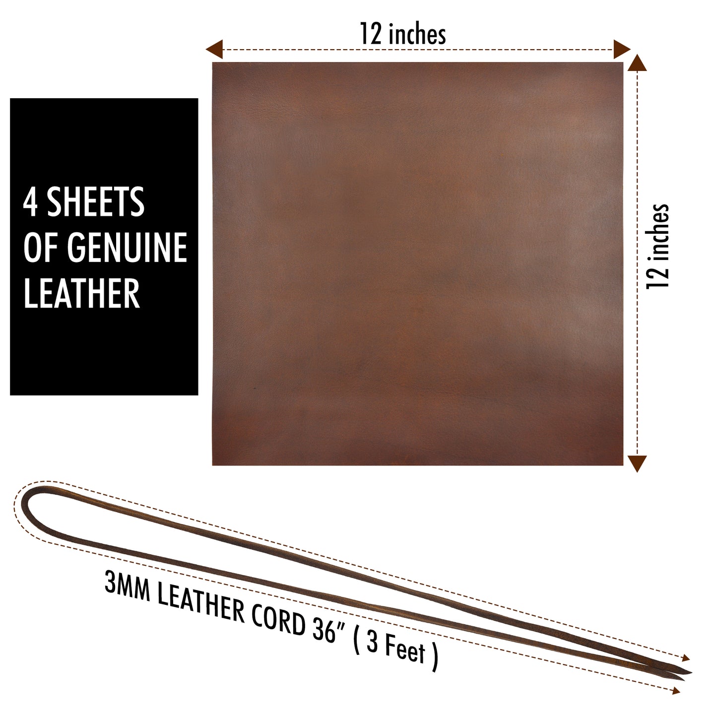 NUTUCH Genuine Leather Sheets for Crafts | 4 Sheets | Leather Crafting Sheet Leatherworking Arts | 12" x 12" inches + 36" Leather Cord | NT-500-B-LS-12
